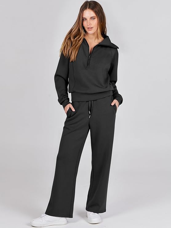ANRABESS Women 2 Piece Outfits 2025 Fall Fashion Airport Wide Leg Pants Lounge Set Leisure Travel Vacation Clothes Sweatsuits